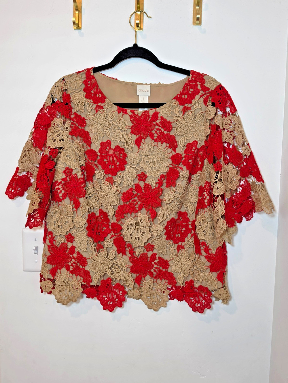 Chico’s Crochet Lace Top Women’s Size 1 Petite Large Boho Overlay Blouse